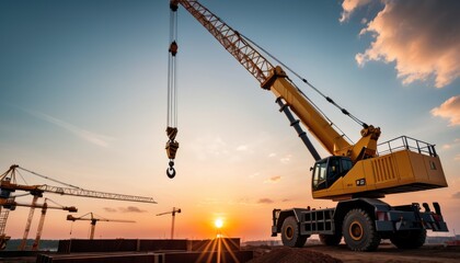 A crane lifts against the backdrop of a setting sun, symbolizing the tireless progress in the construction industry.. AI Generation. AI Generation