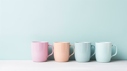 four colorful mugs on blue background, pottery no people food space tea - obrazy, fototapety, plakaty