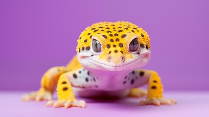 Leopard gecko on purple background, lizard vertebrate spotted cute small