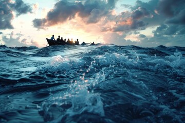 refugees in flimsy boat crossing open sea to get to another country - obrazy, fototapety, plakaty