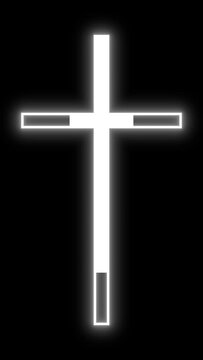 Crucifix cross animation, white religious outline cross filling with white, motion graphic video on transparent background with glow, alpha channel
