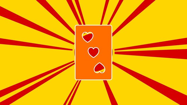 Three of hearts playing card on the background of animation from moving rays of the sun. Large orange symbol increases slightly. Seamless looped 4k animation on yellow background