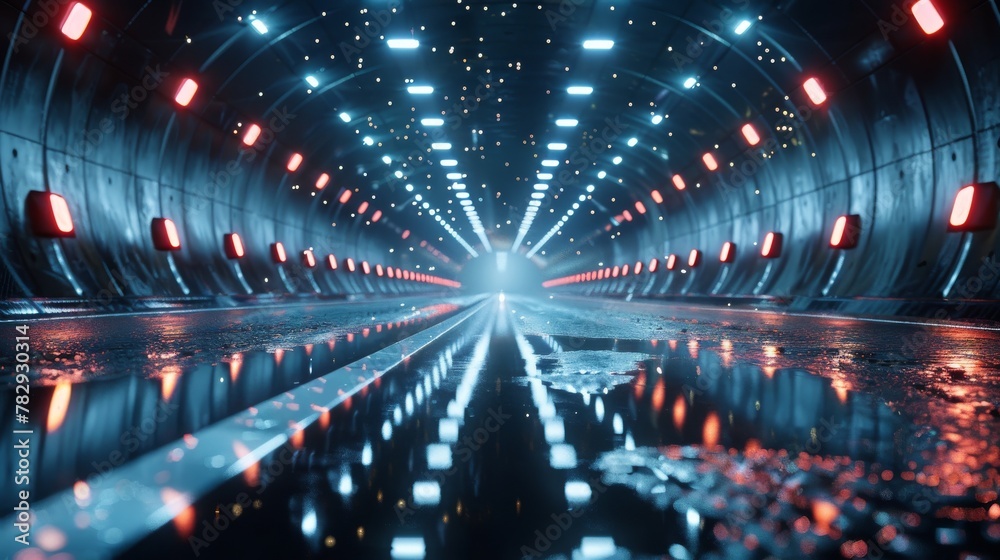 Poster an illustration of curved tunnels with led lights on ceilings and reflections from puddles on wet, d