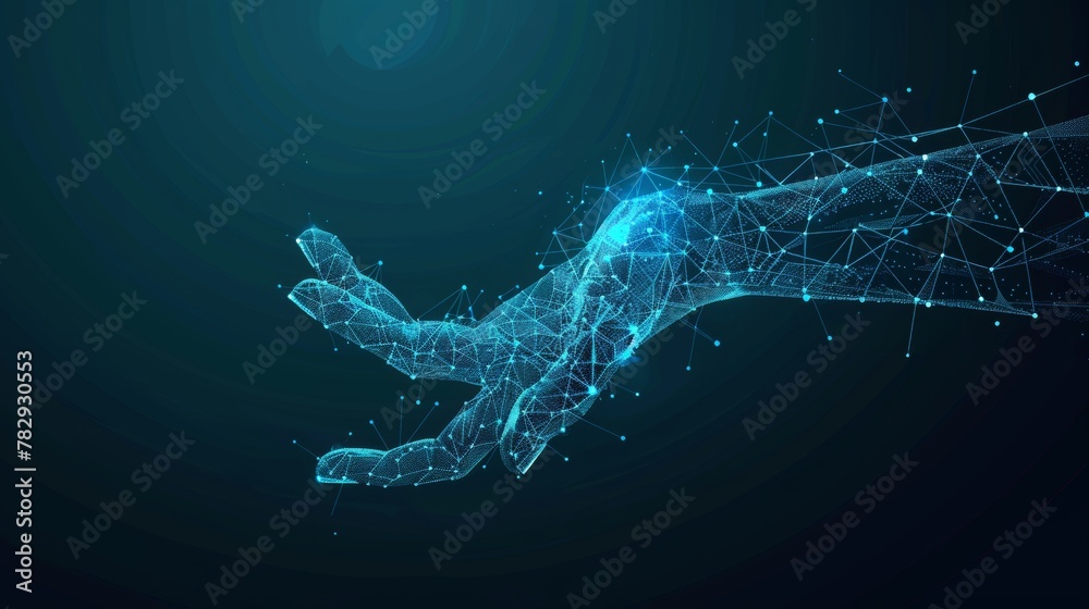 Poster The concept of machine learning or cyber security is depicted in a wireframe with a hand reaching to digital technology elements