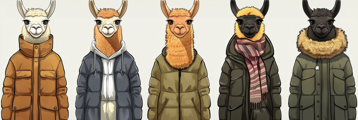 A group of llamas wearing different fashionable jackets. - obrazy, fototapety, plakaty