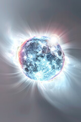 A glowing blue and white orb with a detailed moon-like surface and glowing veins pulsing with energy.