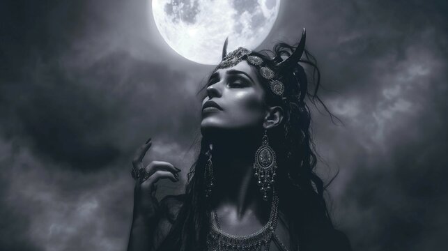 portrait of a woman fantasy witch character in the night with full moon. 