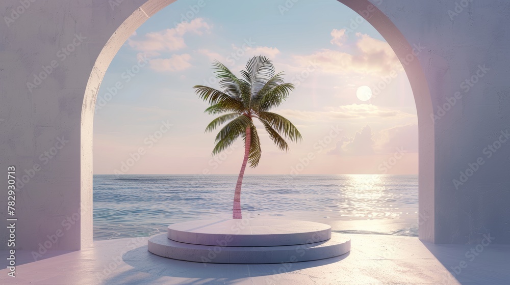 Poster A geometrical scene featuring an arch and a podium with natural day light, a minimal background, a sea view with palm trees and a summer scene. 3D render background.