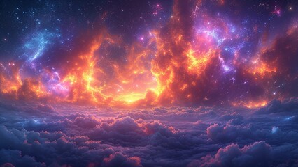 AI generated illustration of stars shining in a sky full of fluffy clouds - obrazy, fototapety, plakaty