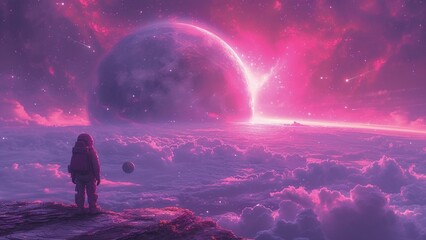 AI generated illustration of a man gazing at pink galaxy with clouds