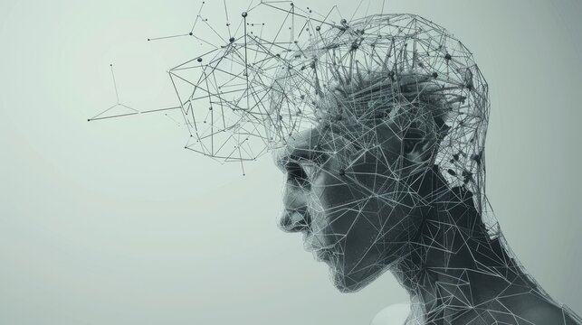 Detailed wireframe polygonal illustration of a great thinker and his broken head