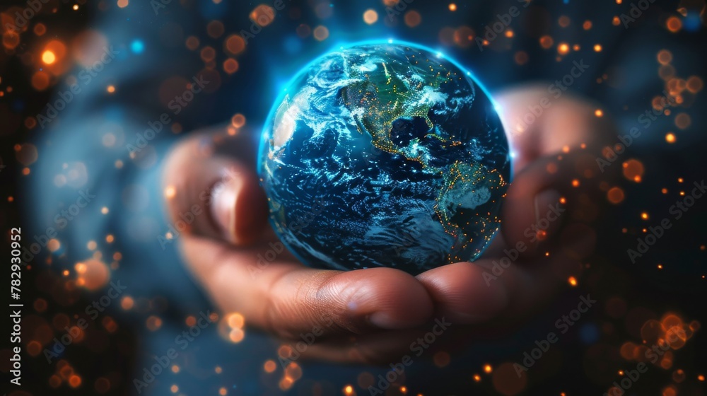 Poster The hand of a businessman is touching a global network and data exchanges around the globe 3D rendering