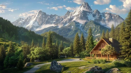 Fotobehang AI generated illustration of a secluded mountain cabin nestled among towering peaks © Wirestock