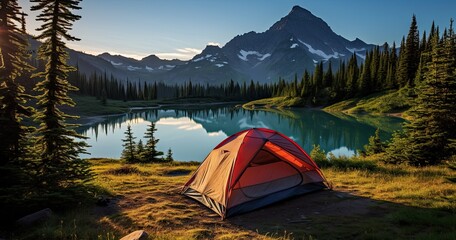 tourist tent with stunning view of mountains - 782931123
