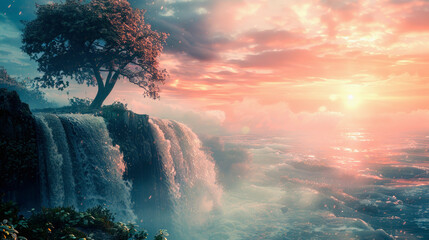 Fototapeta premium A lone tree atop a waterfall cliff overlooking a vast sea at sunrise, enveloped in a serene, misty atmosphere.