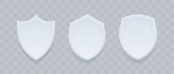 3d shield set isolated on transparent background. Design concept of protected, safety and security. Gray safety shield set. Vector illustration