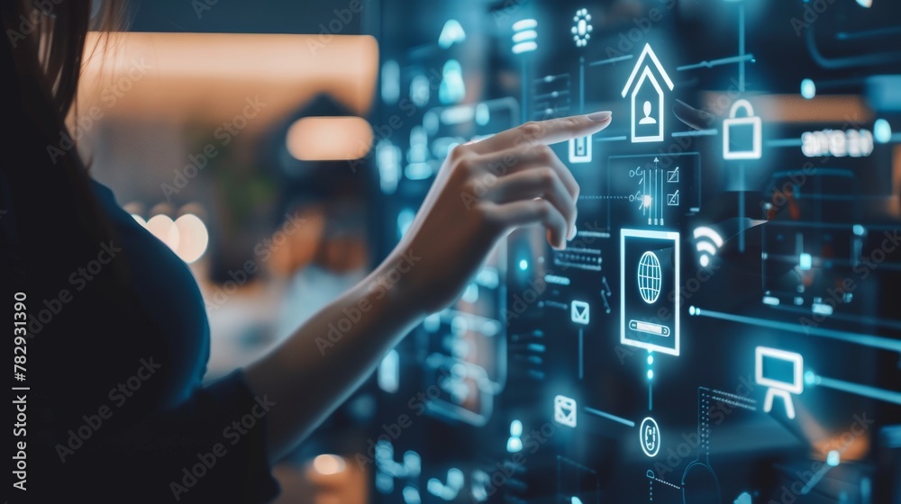 Poster Woman pushing Smart Home Automation Control System Ui via Innovation Technology Internet Network, working remotely at home.