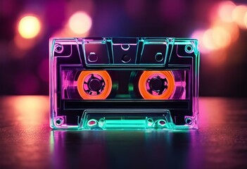 AI-generated illustration of a vintage cassette tape with neon lights in the background - obrazy, fototapety, plakaty