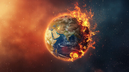 Obraz na płótnie Canvas Global warming concept. Earth warming due to extreme temperatures. Image of Earth surrounded by fire.