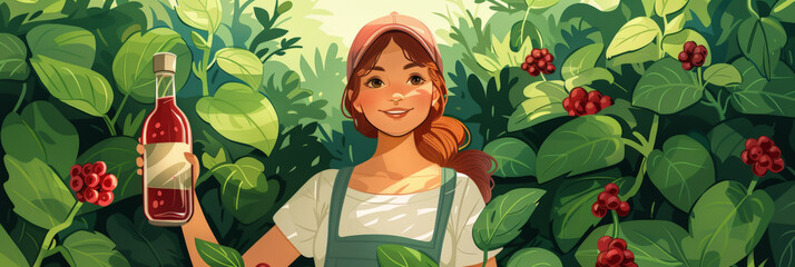 Obraz na płótnie Canvas A young woman is harvesting coffee beans from a bush. She is wearing a hat and a green apron. The background is a lush green jungle.