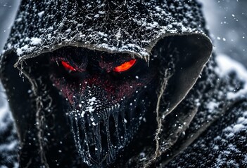 a man in a hood and red eyes looks at the camera - obrazy, fototapety, plakaty