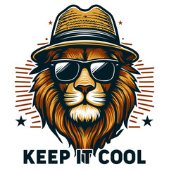 sunglasses and the hat-wearing lion says to keep it cool typography t-shirt design. well-organized design shape and smoothly vectorized.