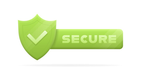 Secure badge in 3d style with check mark on shield and glowing effect. Vector illustration