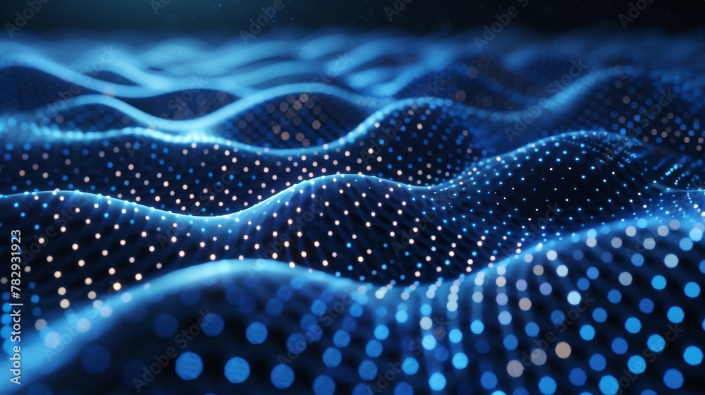 Poster The background is a dot blue wave light screen gradient texture. This is an abstract technology big data digital background and it is rendered in three dimensions.