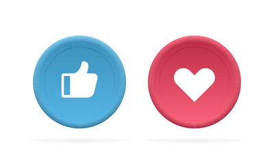 Thumb up and heart in circles. Button design in 3d style. Concept of good and love customer experience feedback for social media. Vector illustration