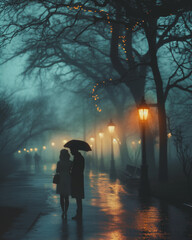 Couple in the rain silhouette.