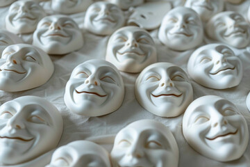 A collection of smiling white masks on a white wall