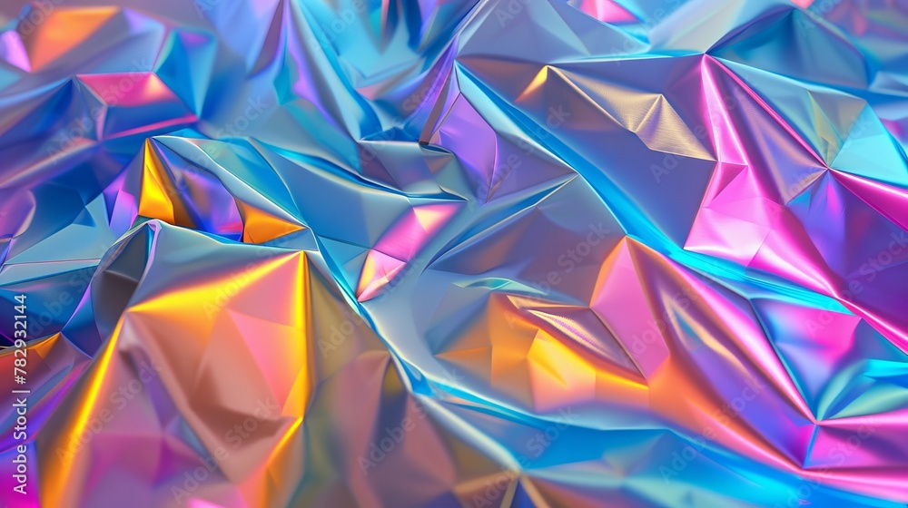 Poster 3d render of faceted gem, wave, liquid, abstract geometric crystal background with iridescent textur
