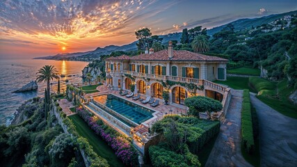 AI generated illustration of an aerial view of a grand mansion by the ocean at sunset - obrazy, fototapety, plakaty
