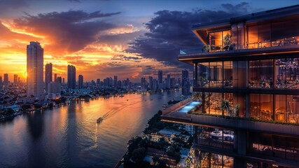 AI generated illustration of the sun setting over a waterfront city skyline with buildings - obrazy, fototapety, plakaty