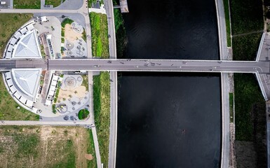Aerial shot of the White bridge over the Neris River in Vilnius, Lithuania.