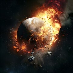AI generated illustration of an explosion of fiery rocks and a planet in outer space
