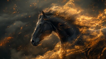 AI generated illustration of a black horse with golden flames - obrazy, fototapety, plakaty