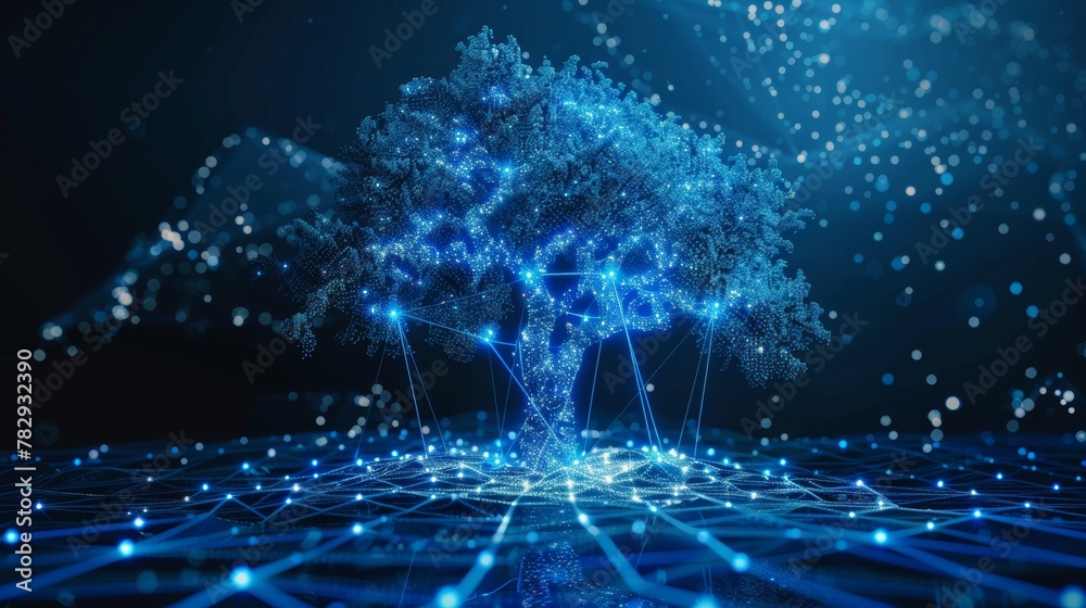 Poster network connection technology concept, blue cyber polygon tree with futuristic elements.