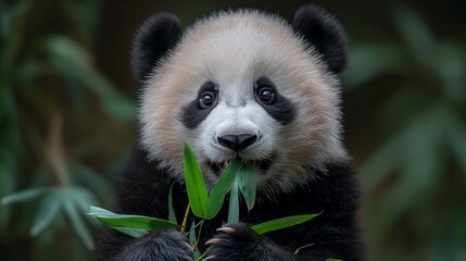 AI generated illustration of a panda sitting on a rock munching on tree leaves - obrazy, fototapety, plakaty