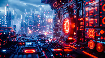 A futuristic cityscape with neon lights and advanced technology, evoking a sense of a cyberpunk or sci-fi urban environment.
