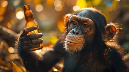 AI generated illustration of a chimpanzee holding a beer bottle in sunlight - obrazy, fototapety, plakaty
