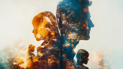 With in the area with a white background, the Double Exposure of the person, family, woman reflects a joyful expression. A livable world happy concept.