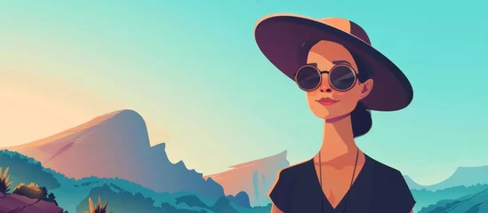 Tuinposter Woman wearing a hat and sunglasses striking a pose with a mountain in the background © AkuAku