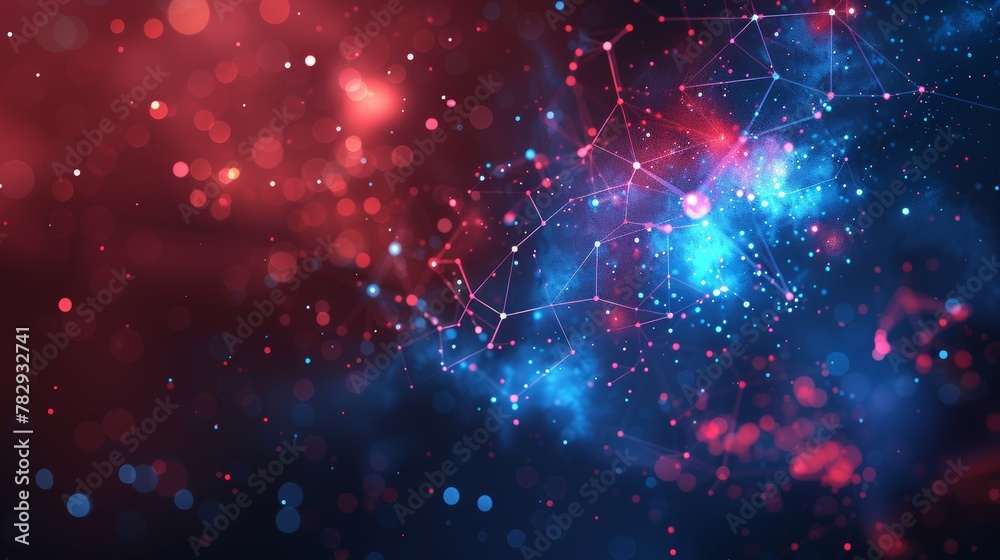 Leinwandbilder Molecular technology with polygonal shapes, connecting dots and lines. Big data visualization. Abstract red and blue technology concept background.