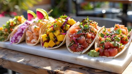 A sunny, outdoor setting showcases a platter of poke tacos, perfect for cinco de mayo event catering and vibrant social media posts