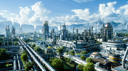 Futuristic cityscape with advanced infrastructure, skyscrapers, and a network of roads and monorail systems surrounded by mountains under a clear sky.