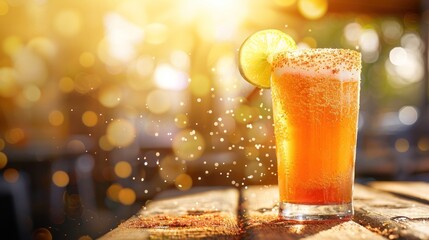 A Michelada beer with a foamy head against a bokeh light background, great for festive advertising or drink specials.