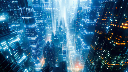 Futuristic cityscape with glowing neon lights and skyscrapers, depicting cyberpunk or high-tech urban nighttime ambiance.