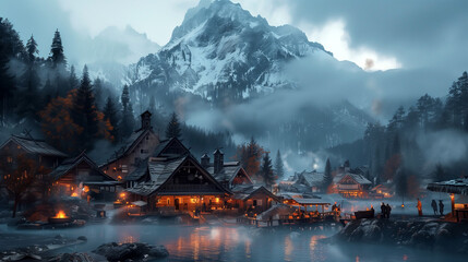 Mystical Evening in a Lakeside Mountain Village, Winter's Tranquil Embrace - obrazy, fototapety, plakaty