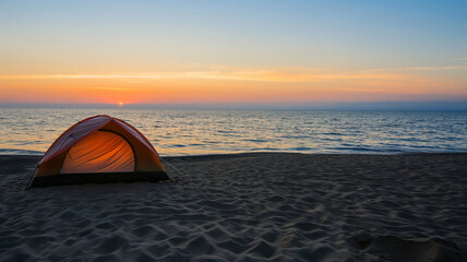 Mountaineers camping by the beach. Summer and spring period. Open tent by the lake. Holiday concept tent. 